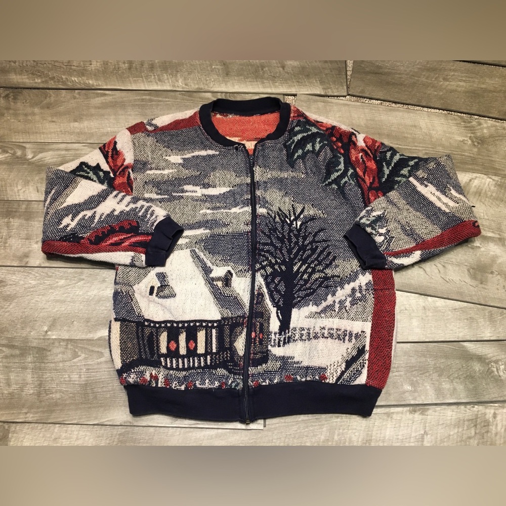 Vintage Knitted Double Sided Knit Scene Print Bomber Mens Coat Jacket Size Large